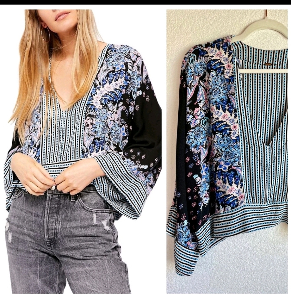 Free People Mix N Match Boho Black Floral V Neck Kimono Style Top Size Small - Picture 2 of 15